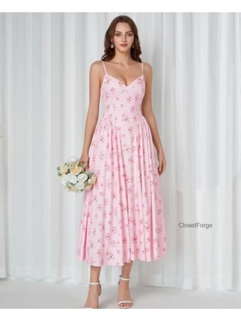 Flowy Fit & Flare Midi Dress, Lace Up Back, V-Neck, Adjustable Straps, High